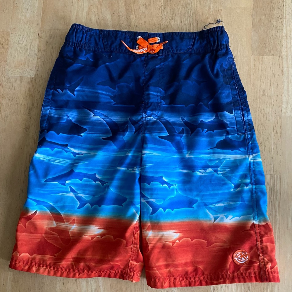ZeroXposur Blue and Orange Shark Print Swim Trunks Size 18/20
